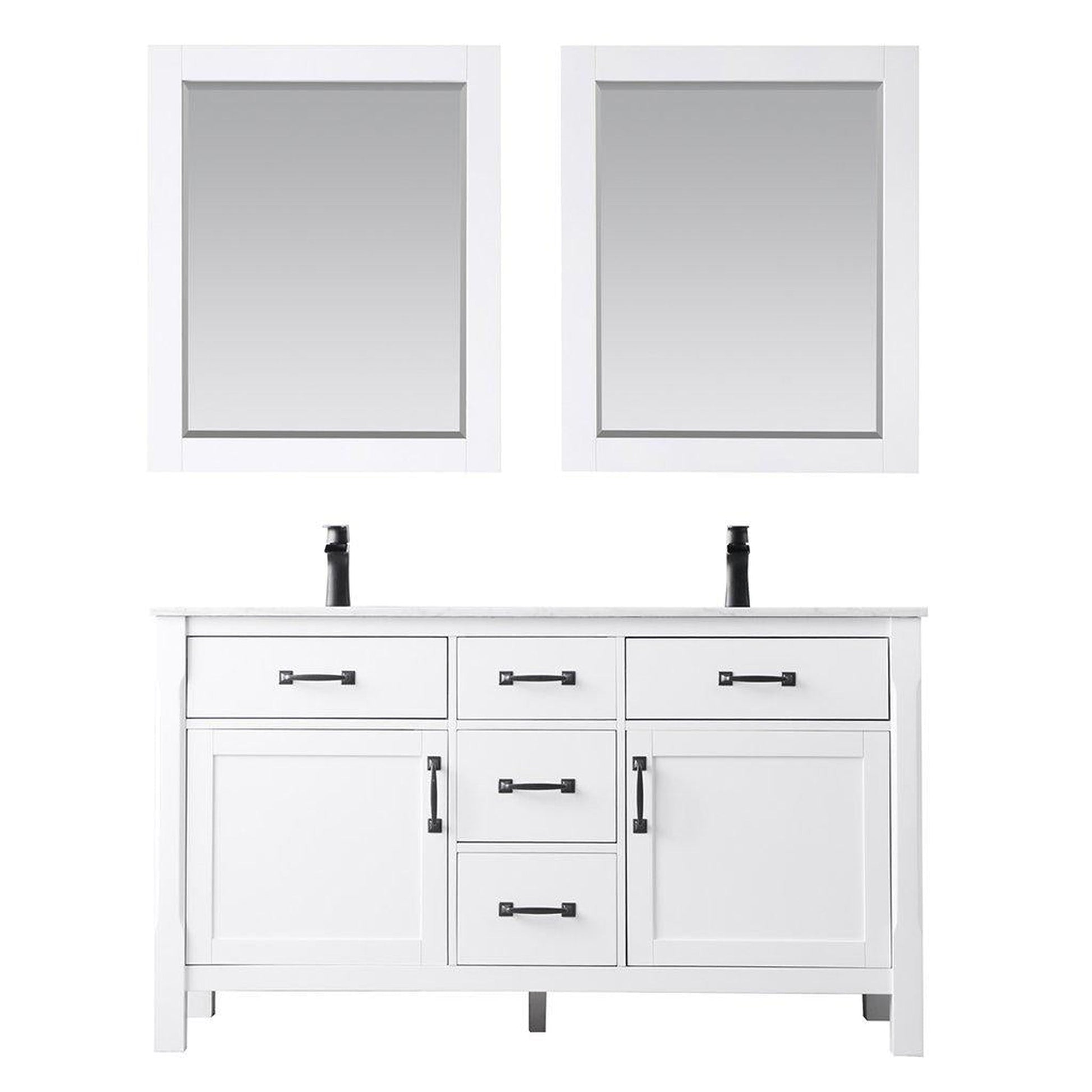 Altair Maribella 60" Double White Freestanding Bathroom Vanity Set With Mirror, Natural Carrara White Marble Top, Rectangular Undermount Ceramic Sink, and Overflow
