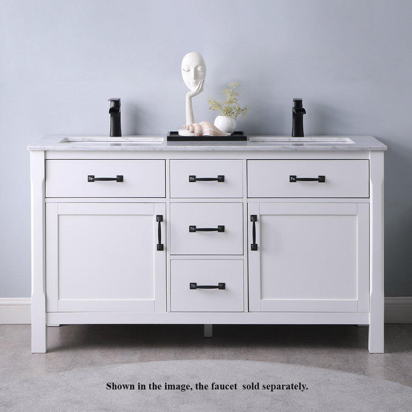 Altair Maribella 60" Double White Freestanding Bathroom Vanity Set With Natural Carrara White Marble Top, Rectangular Undermount Ceramic Sink, and Overflow