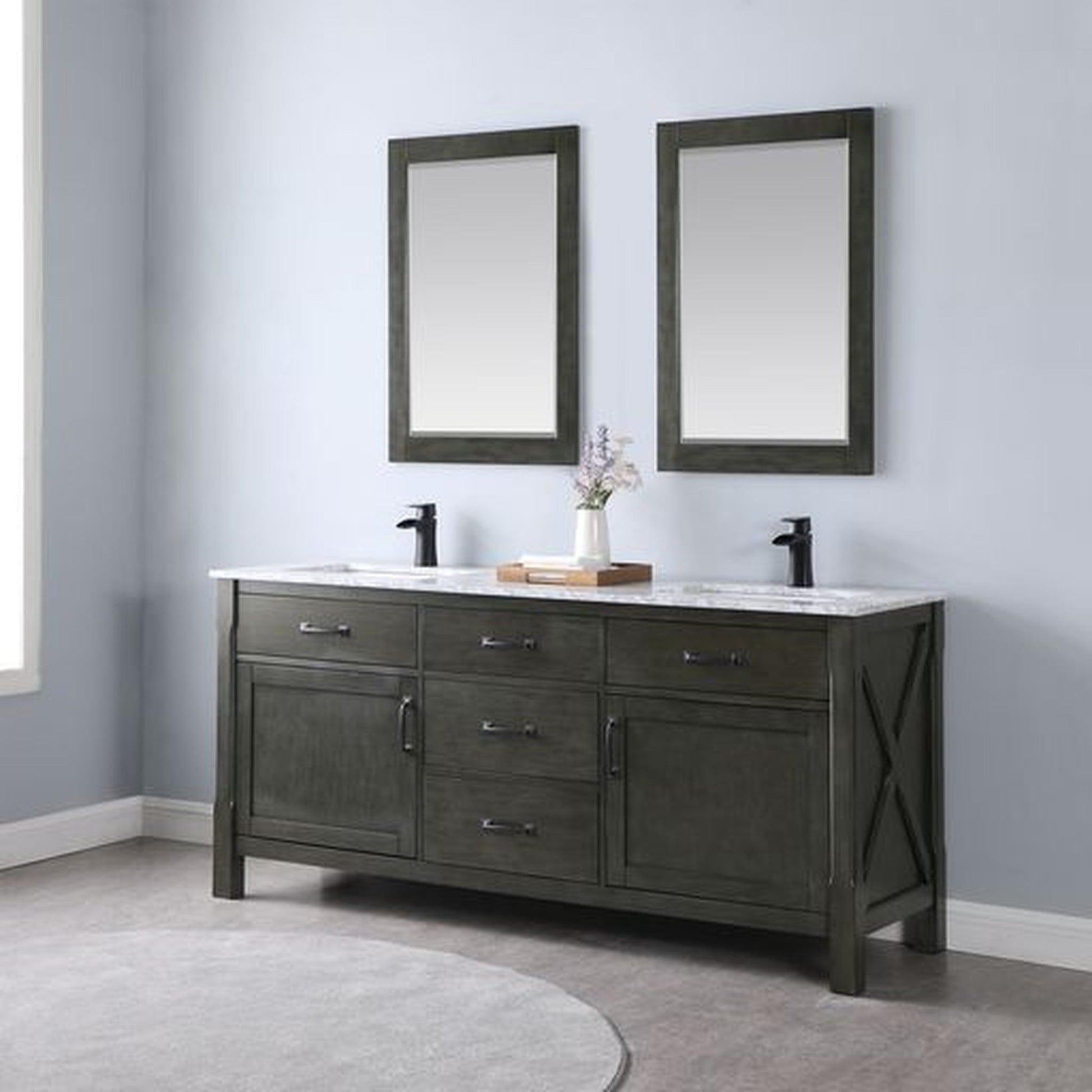 Altair Maribella 72" Double Rust Black Freestanding Bathroom Vanity Set With Mirror, Natural Carrara White Marble Top, Two Rectangular Undermount Ceramic Sinks, and Overflow