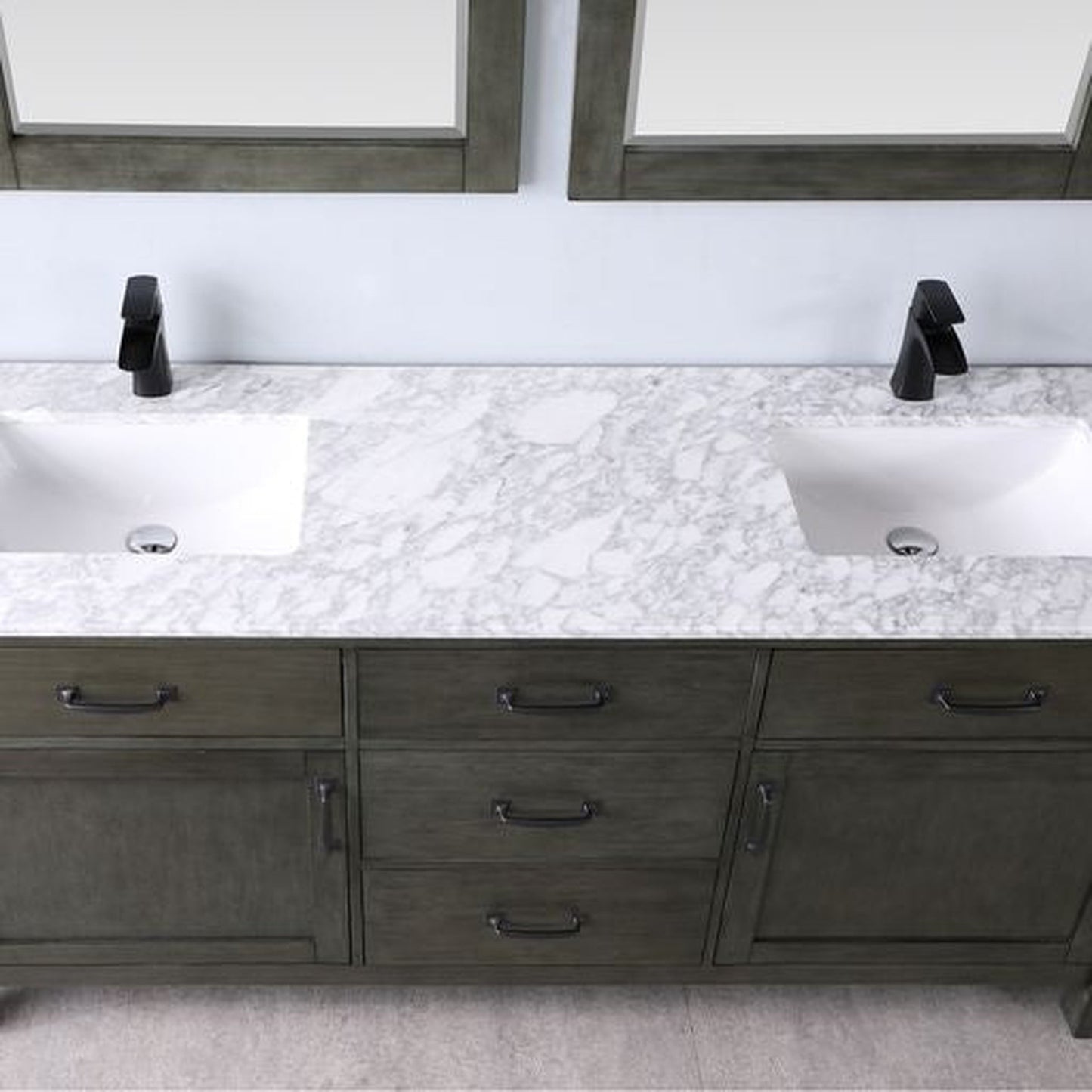 Altair Maribella 72" Double Rust Black Freestanding Bathroom Vanity Set With Mirror, Natural Carrara White Marble Top, Two Rectangular Undermount Ceramic Sinks, and Overflow