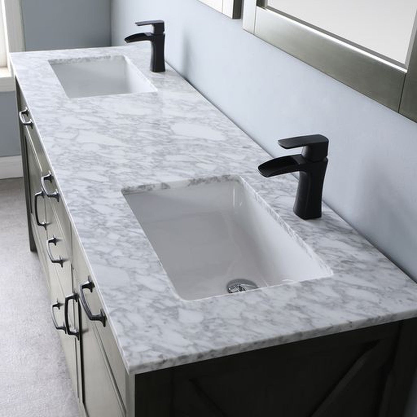 Altair Maribella 72" Double Rust Black Freestanding Bathroom Vanity Set With Natural Carrara White Marble Top, Two Rectangular Undermount Ceramic Sinks, and Overflow