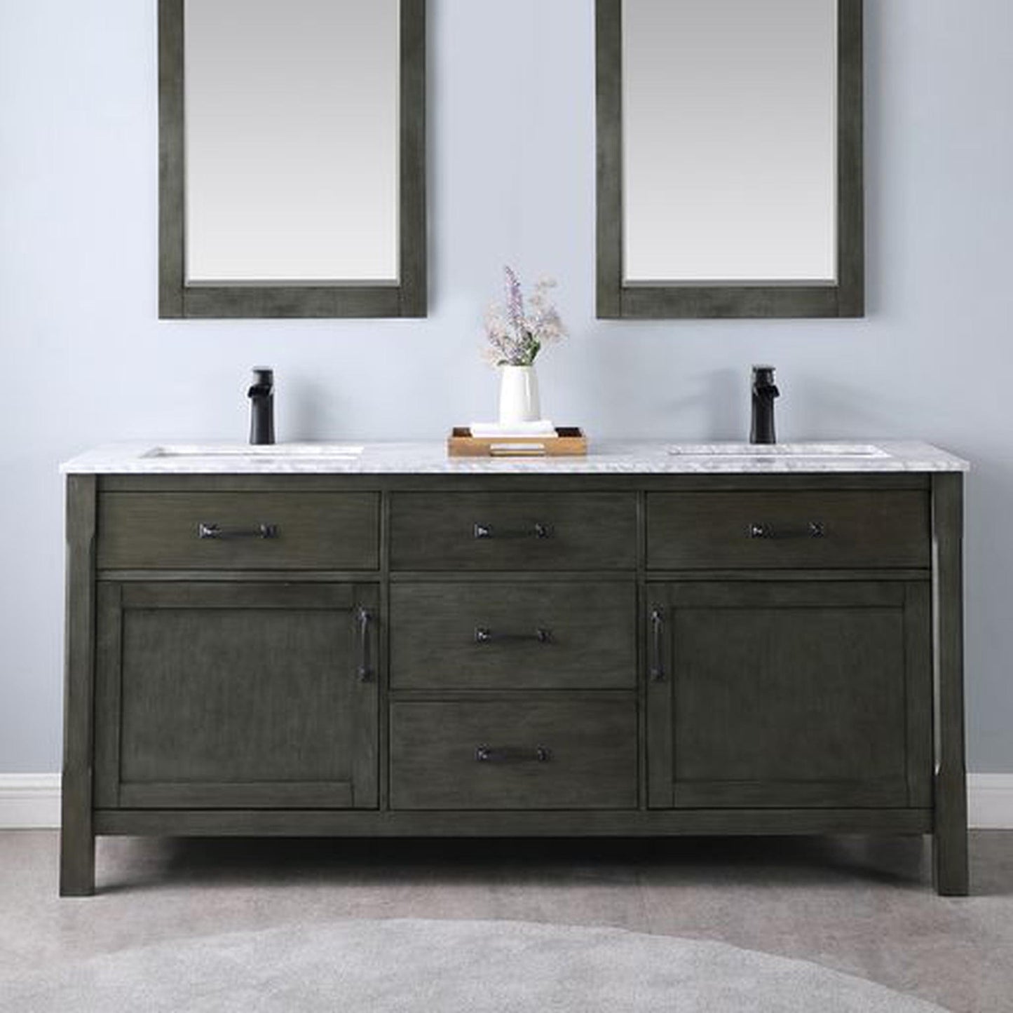 Altair Maribella 72" Double Rust Black Freestanding Bathroom Vanity Set With Natural Carrara White Marble Top, Two Rectangular Undermount Ceramic Sinks, and Overflow