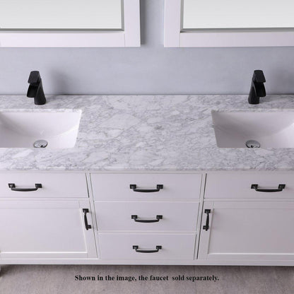 Altair Maribella 72" Double White Freestanding Bathroom Vanity Set With Mirror, Natural Carrara White Marble Top, Two Rectangular Undermount Ceramic Sinks, and Overflow