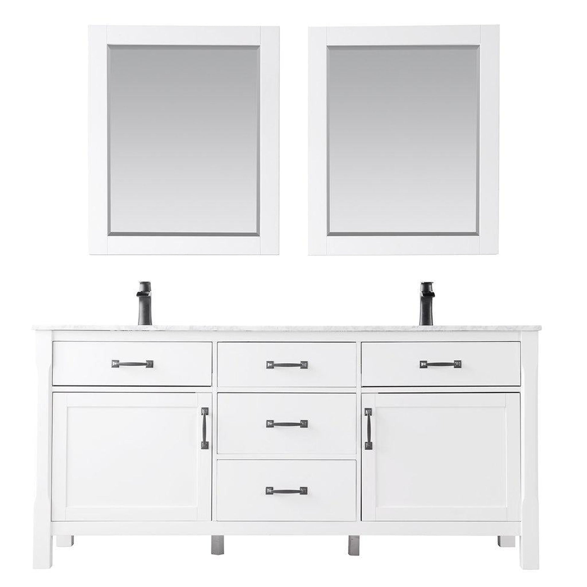 Altair Maribella 72" Double White Freestanding Bathroom Vanity Set With Mirror, Natural Carrara White Marble Top, Two Rectangular Undermount Ceramic Sinks, and Overflow