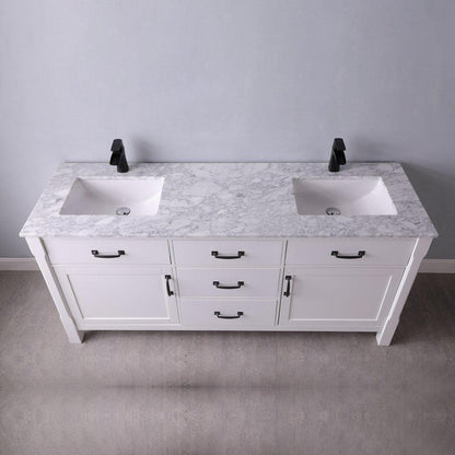 Altair Maribella 72" Double White Freestanding Bathroom Vanity Set With Natural Carrara White Marble Top, Two Rectangular Undermount Ceramic Sinks, and Overflow