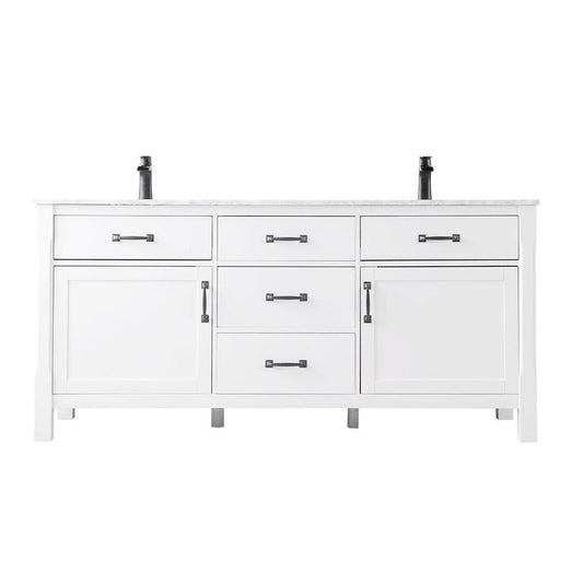 Altair Maribella 72" Double White Freestanding Bathroom Vanity Set With Natural Carrara White Marble Top, Two Rectangular Undermount Ceramic Sinks, and Overflow
