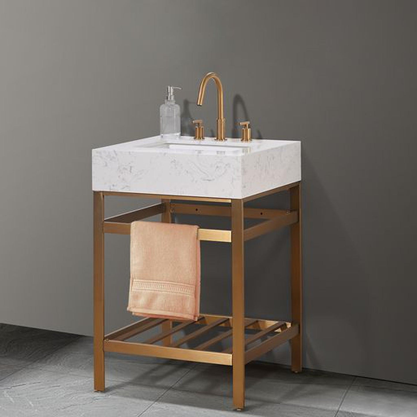 Altair Merano 24" Brushed Gold Single Stainless Steel Bathroom Vanity Set Console With Aosta White Stone Top, Single Rectangular Undermount Ceramic Sink, and Safety Overflow Hole