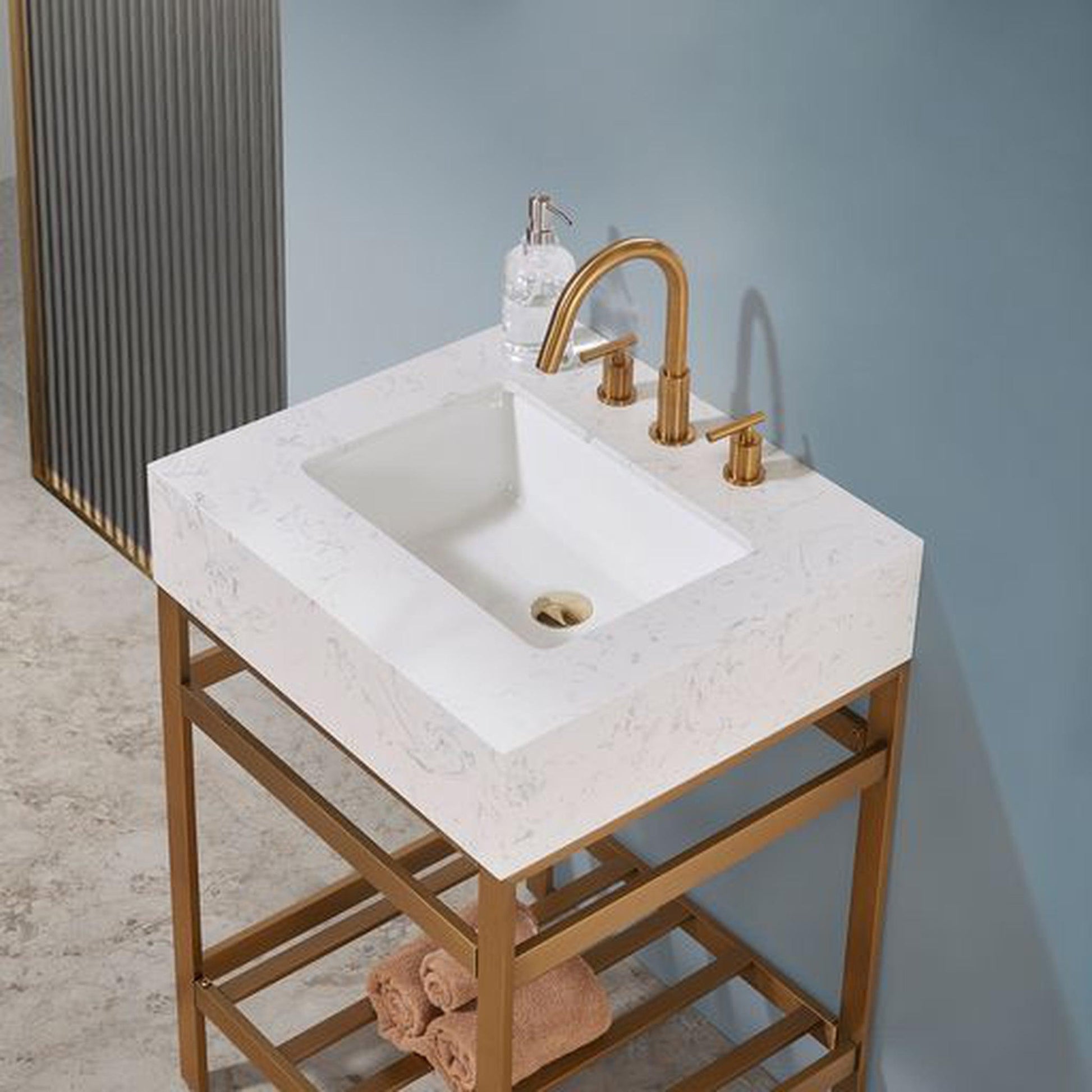 Altair Merano 24" Brushed Gold Single Stainless Steel Bathroom Vanity Set Console With Aosta White Stone Top, Single Rectangular Undermount Ceramic Sink, and Safety Overflow Hole