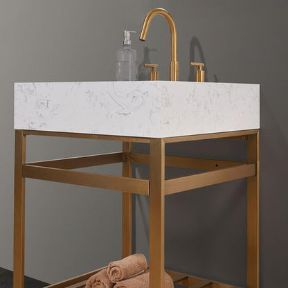 Altair Merano 24" Brushed Gold Single Stainless Steel Bathroom Vanity Set Console With Aosta White Stone Top, Single Rectangular Undermount Ceramic Sink, and Safety Overflow Hole