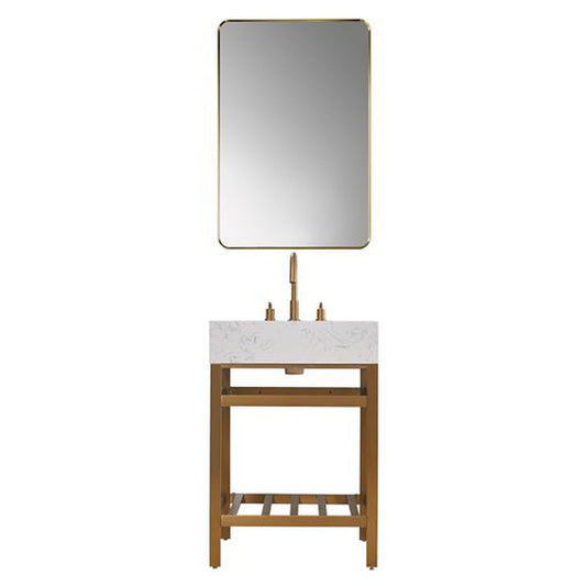 Altair Merano 24" Brushed Gold Single Stainless Steel Bathroom Vanity Set Console With Mirror, Aosta White Stone Top, Single Rectangular Undermount Ceramic Sink, and Safety Overflow Hole