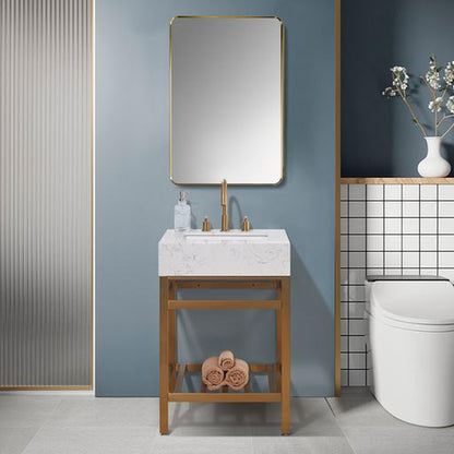 Altair Merano 24" Brushed Gold Single Stainless Steel Bathroom Vanity Set Console With Mirror, Aosta White Stone Top, Single Rectangular Undermount Ceramic Sink, and Safety Overflow Hole