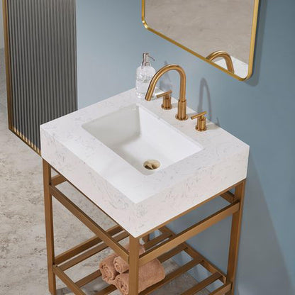 Altair Merano 24" Brushed Gold Single Stainless Steel Bathroom Vanity Set Console With Mirror, Aosta White Stone Top, Single Rectangular Undermount Ceramic Sink, and Safety Overflow Hole