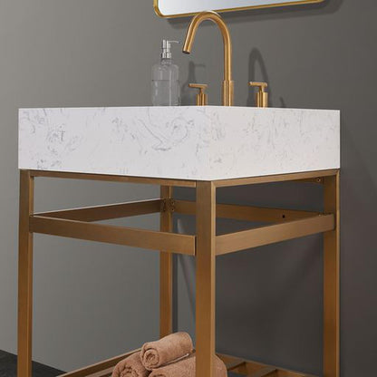 Altair Merano 24" Brushed Gold Single Stainless Steel Bathroom Vanity Set Console With Mirror, Aosta White Stone Top, Single Rectangular Undermount Ceramic Sink, and Safety Overflow Hole