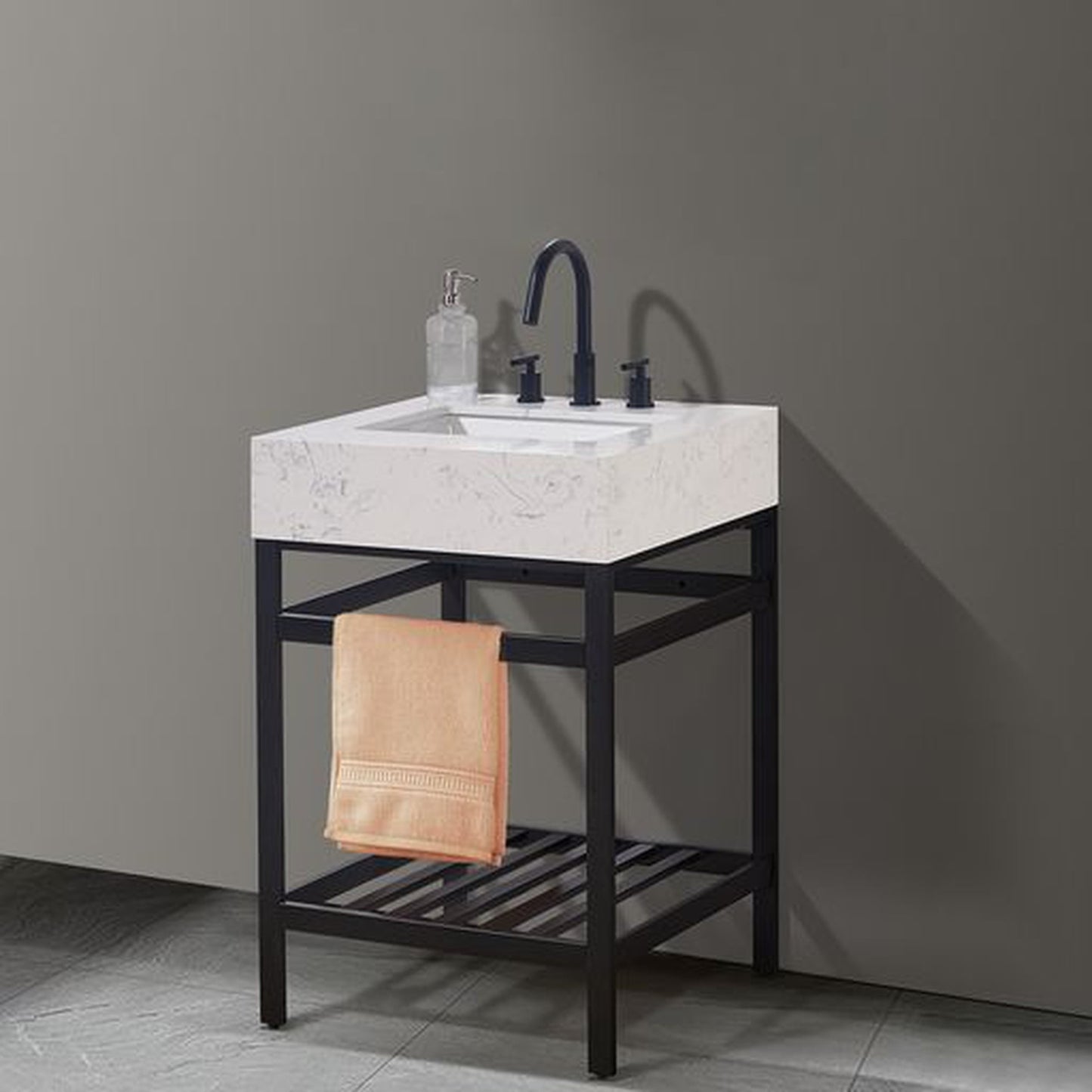 Altair Merano 24" Matte Black Single Stainless Steel Bathroom Vanity Set Console With Aosta White Stone Top, Single Rectangular Undermount Ceramic Sink, and Safety Overflow Hole