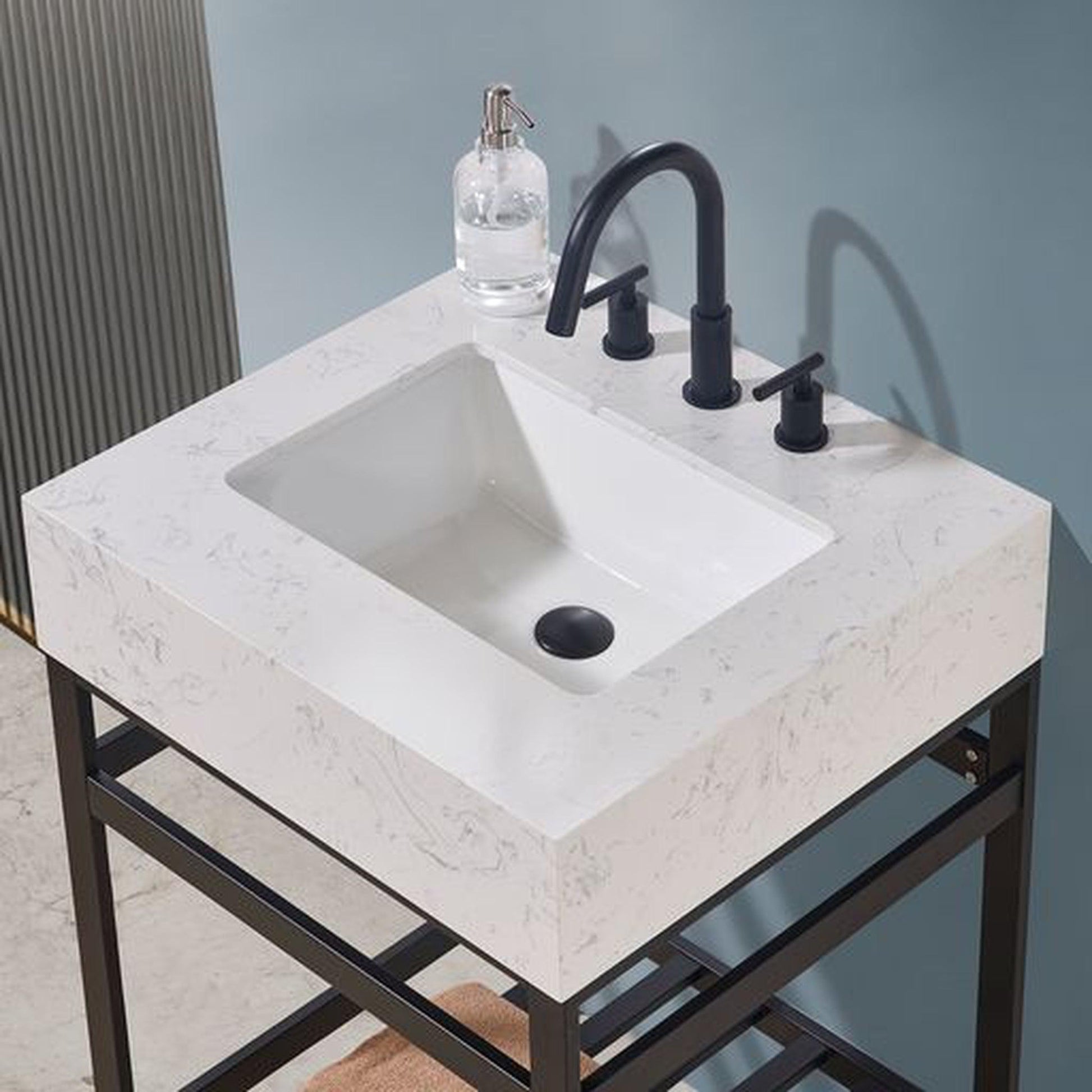 Altair Merano 24" Matte Black Single Stainless Steel Bathroom Vanity Set Console With Aosta White Stone Top, Single Rectangular Undermount Ceramic Sink, and Safety Overflow Hole