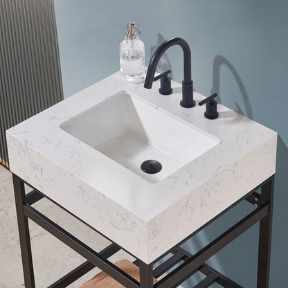 Altair Merano 24" Matte Black Single Stainless Steel Bathroom Vanity Set Console With Aosta White Stone Top, Single Rectangular Undermount Ceramic Sink, and Safety Overflow Hole