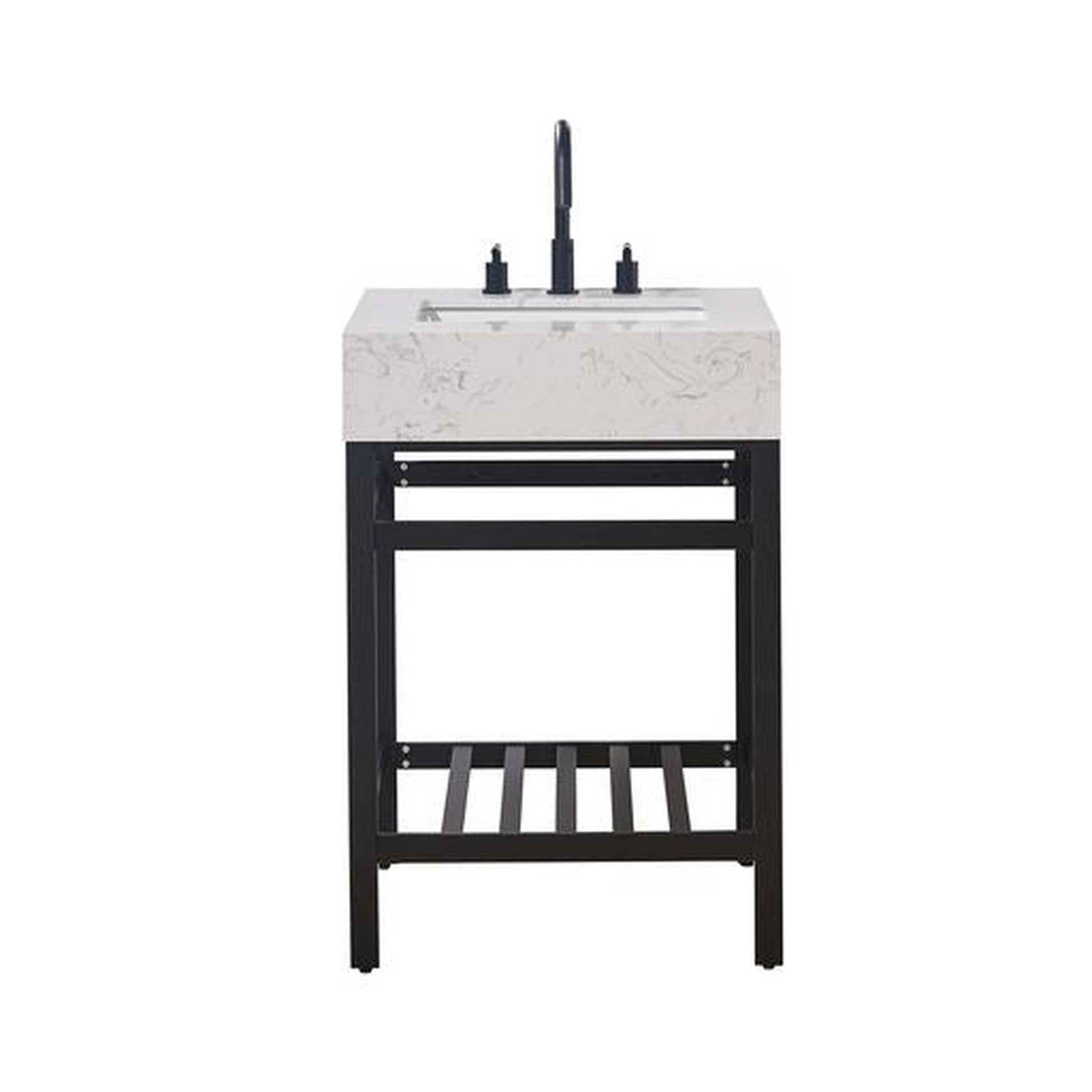 Altair Merano 24" Matte Black Single Stainless Steel Bathroom Vanity Set Console With Aosta White Stone Top, Single Rectangular Undermount Ceramic Sink, and Safety Overflow Hole