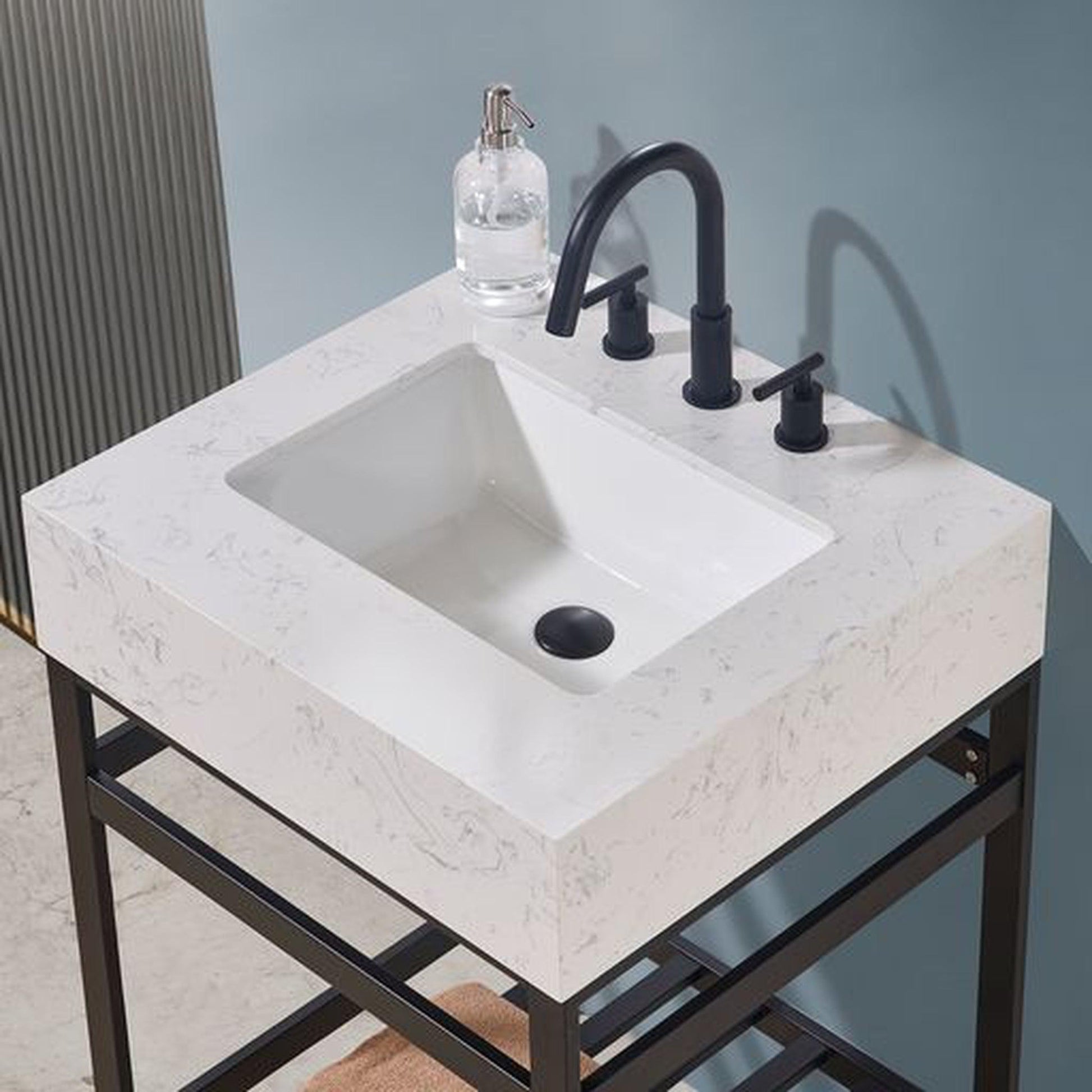 Altair Merano 24" Matte Black Single Stainless Steel Bathroom Vanity Set Console With Mirror, Aosta White Stone Top, Single Rectangular Undermount Ceramic Sink, and Safety Overflow Hole