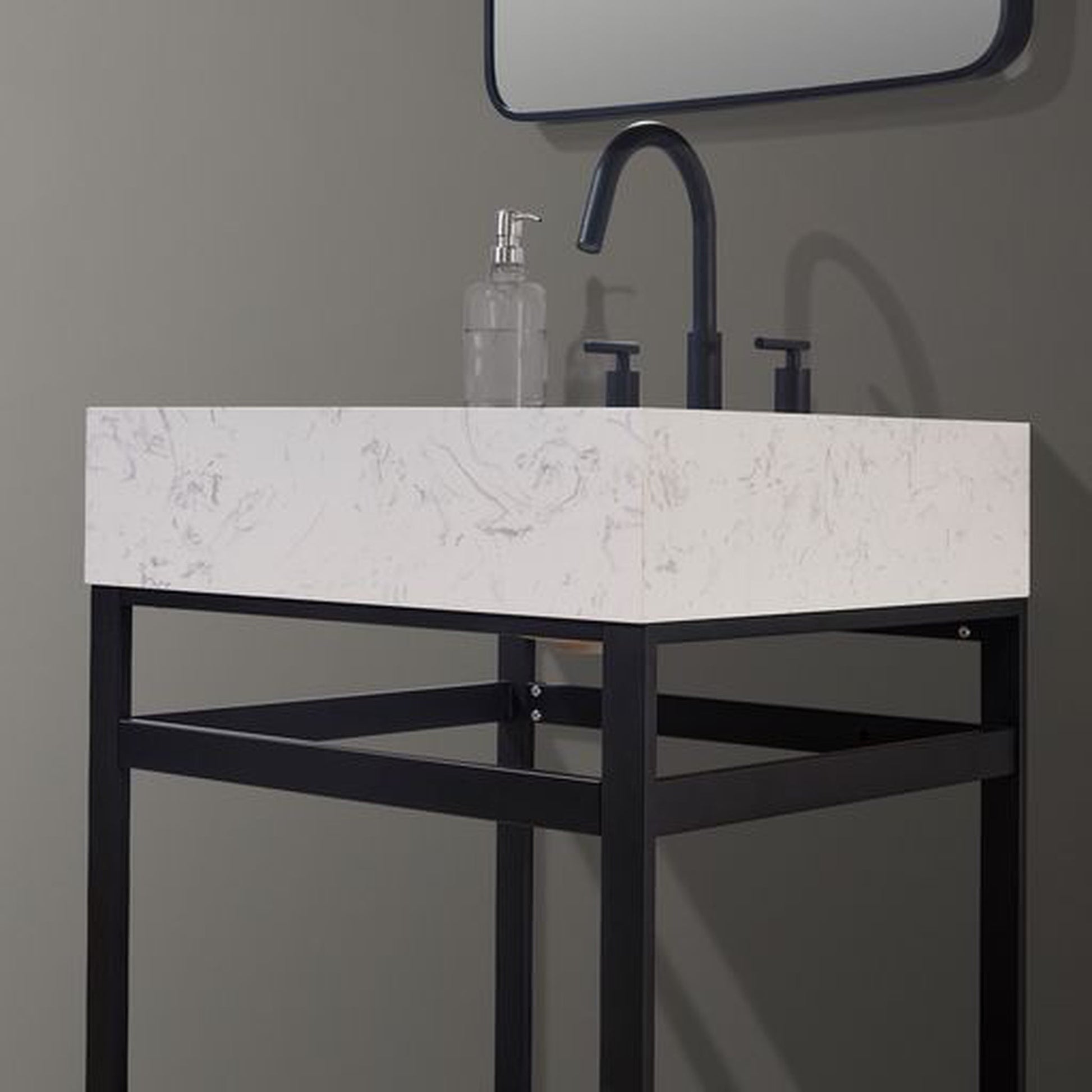 Altair Merano 24" Matte Black Single Stainless Steel Bathroom Vanity Set Console With Mirror, Aosta White Stone Top, Single Rectangular Undermount Ceramic Sink, and Safety Overflow Hole