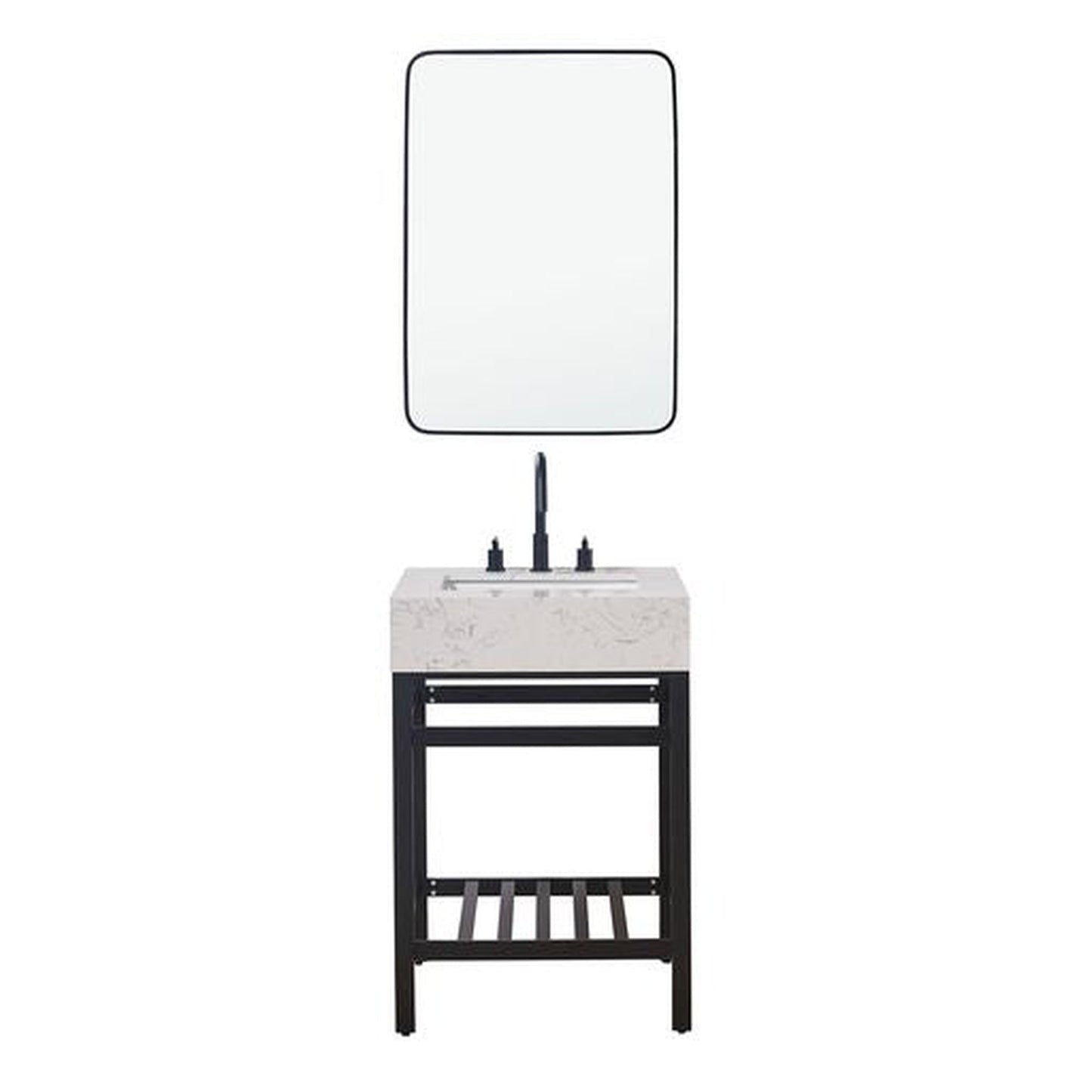 Altair Merano 24" Matte Black Single Stainless Steel Bathroom Vanity Set Console With Mirror, Aosta White Stone Top, Single Rectangular Undermount Ceramic Sink, and Safety Overflow Hole