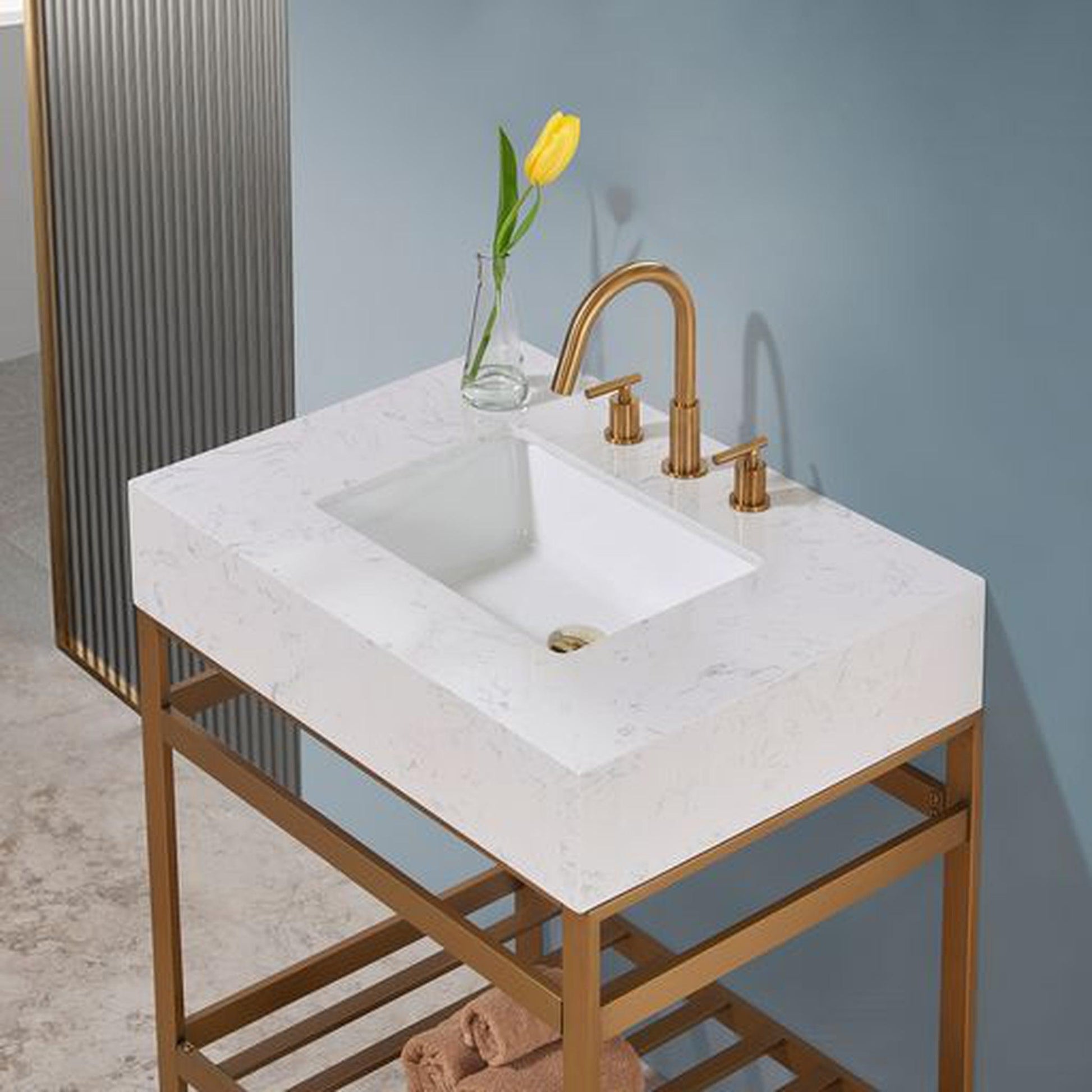 Altair Merano 30" Brushed Gold Single Stainless Steel Bathroom Vanity Set Console With Aosta White Stone Top, Single Rectangular Undermount Ceramic Sink, and Safety Overflow Hole