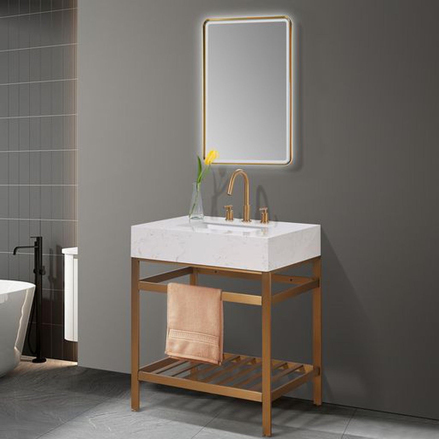 Altair Merano 30" Brushed Gold Single Stainless Steel Bathroom Vanity Set Console With Mirror, Aosta White Stone Top, Single Rectangular Undermount Ceramic Sink, and Safety Overflow Hole