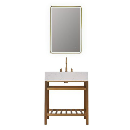 Altair Merano 30" Brushed Gold Single Stainless Steel Bathroom Vanity Set Console With Mirror, Aosta White Stone Top, Single Rectangular Undermount Ceramic Sink, and Safety Overflow Hole