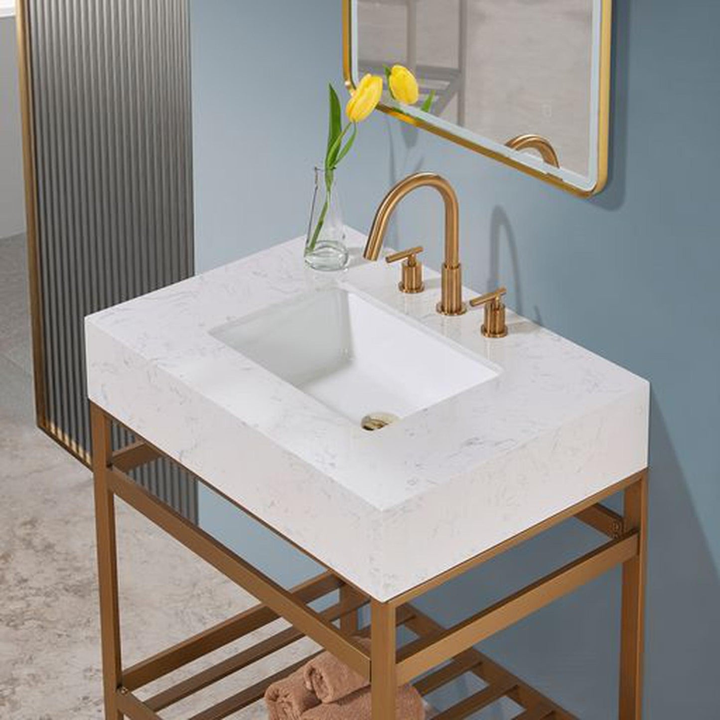 Altair Merano 30" Brushed Gold Single Stainless Steel Bathroom Vanity Set Console With Mirror, Aosta White Stone Top, Single Rectangular Undermount Ceramic Sink, and Safety Overflow Hole