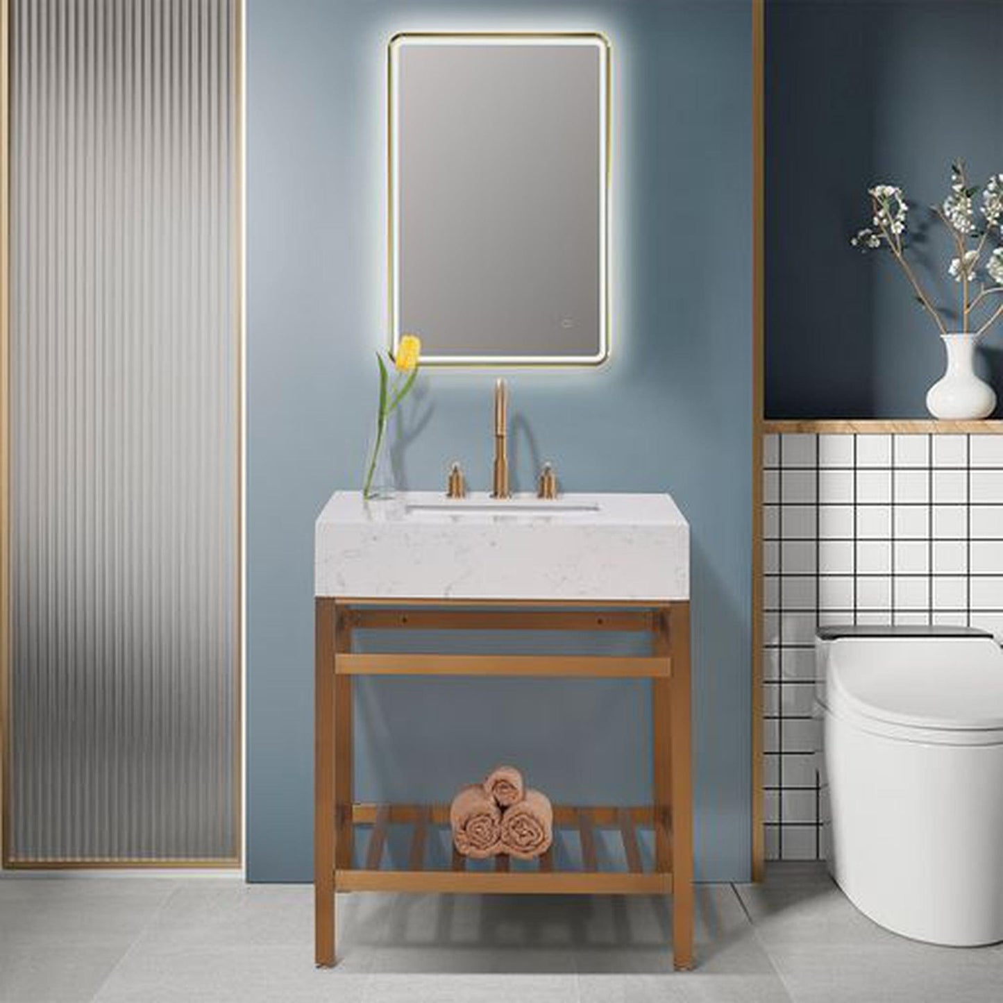 Altair Merano 30" Brushed Gold Single Stainless Steel Bathroom Vanity Set Console With Mirror, Aosta White Stone Top, Single Rectangular Undermount Ceramic Sink, and Safety Overflow Hole