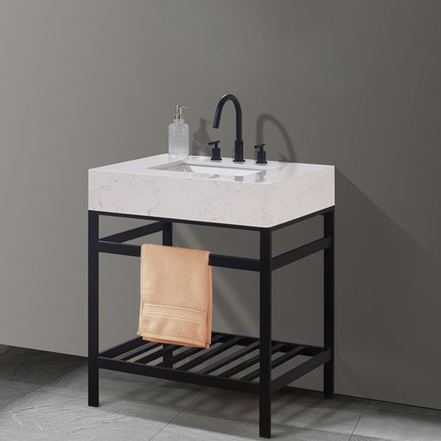 Altair Merano 30" Matte Black Single Stainless Steel Bathroom Vanity Set Console With Aosta White Stone Top, Single Rectangular Undermount Ceramic Sink, and Safety Overflow Hole