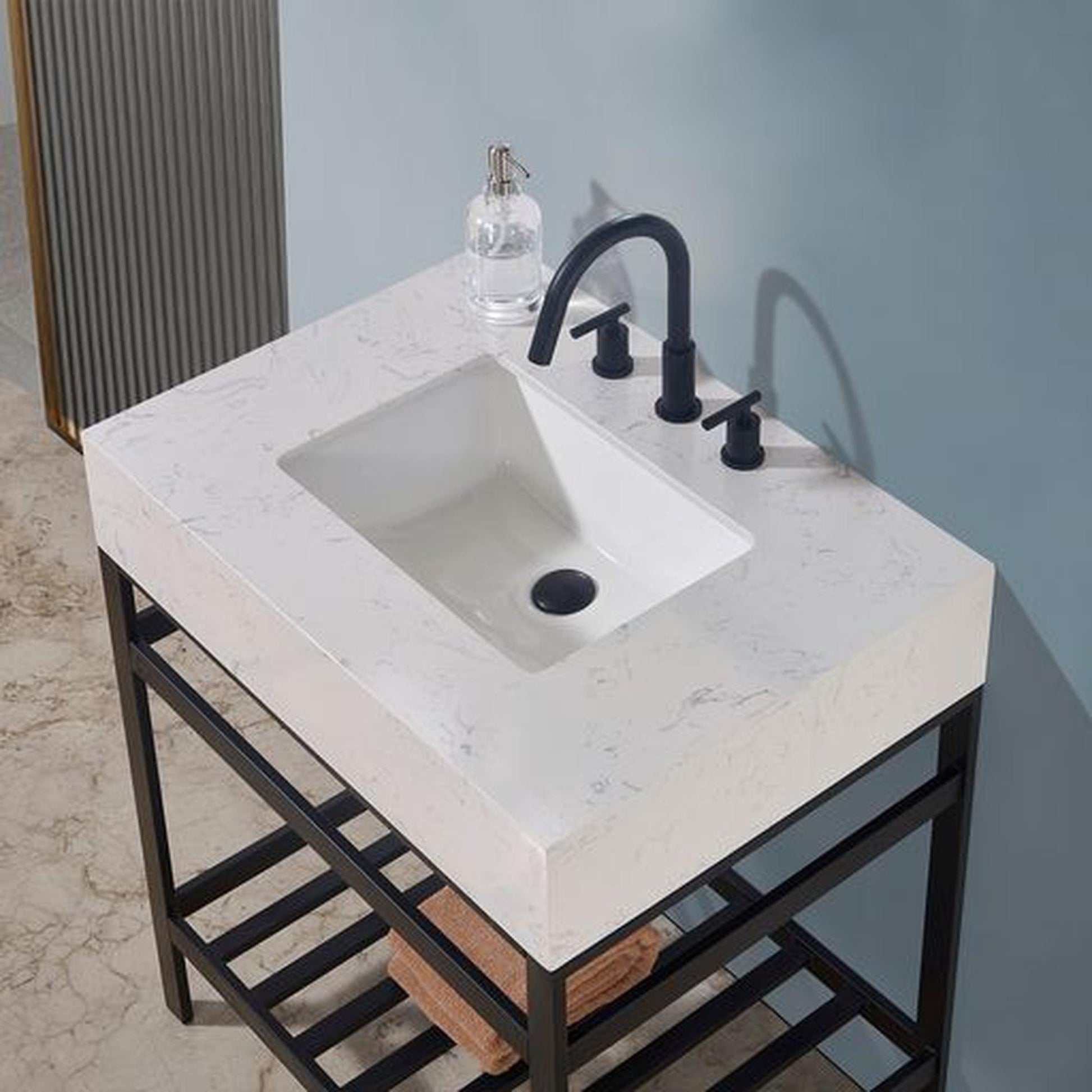 Altair Merano 30" Matte Black Single Stainless Steel Bathroom Vanity Set Console With Aosta White Stone Top, Single Rectangular Undermount Ceramic Sink, and Safety Overflow Hole