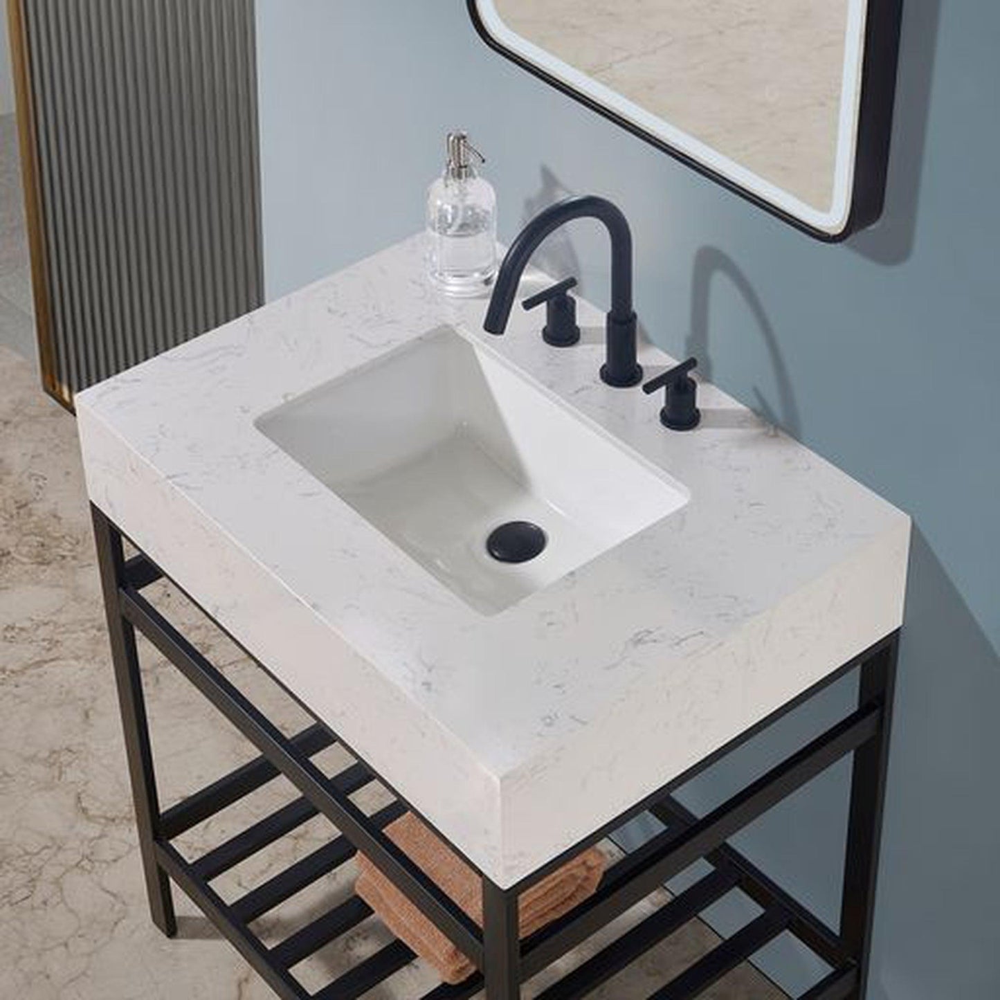 Altair Merano 30" Matte Black Single Stainless Steel Bathroom Vanity Set Console With Mirror, Aosta White Stone Top, Single Rectangular Undermount Ceramic Sink, and Safety Overflow Hole
