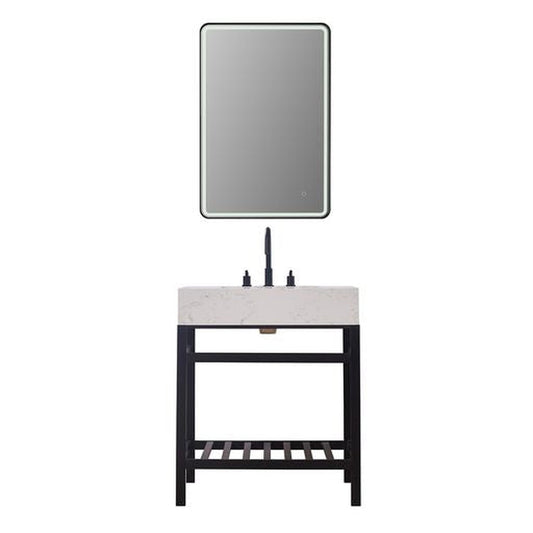 Altair Merano 30" Matte Black Single Stainless Steel Bathroom Vanity Set Console With Mirror, Aosta White Stone Top, Single Rectangular Undermount Ceramic Sink, and Safety Overflow Hole