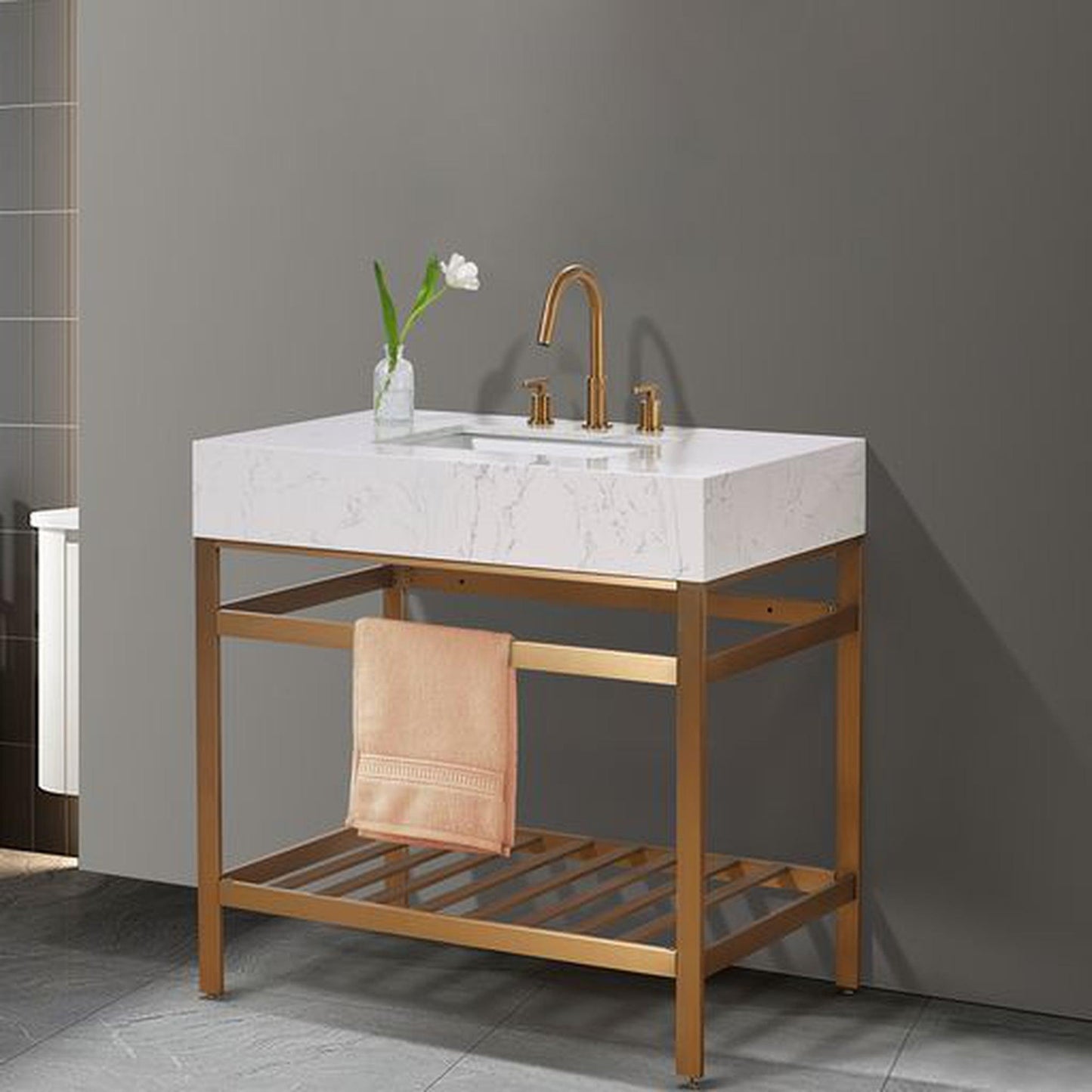 Altair Merano 36" Brushed Gold Single Stainless Steel Bathroom Vanity Set Console With Aosta White Stone Top, Single Rectangular Undermount Ceramic Sink, and Safety Overflow Hole