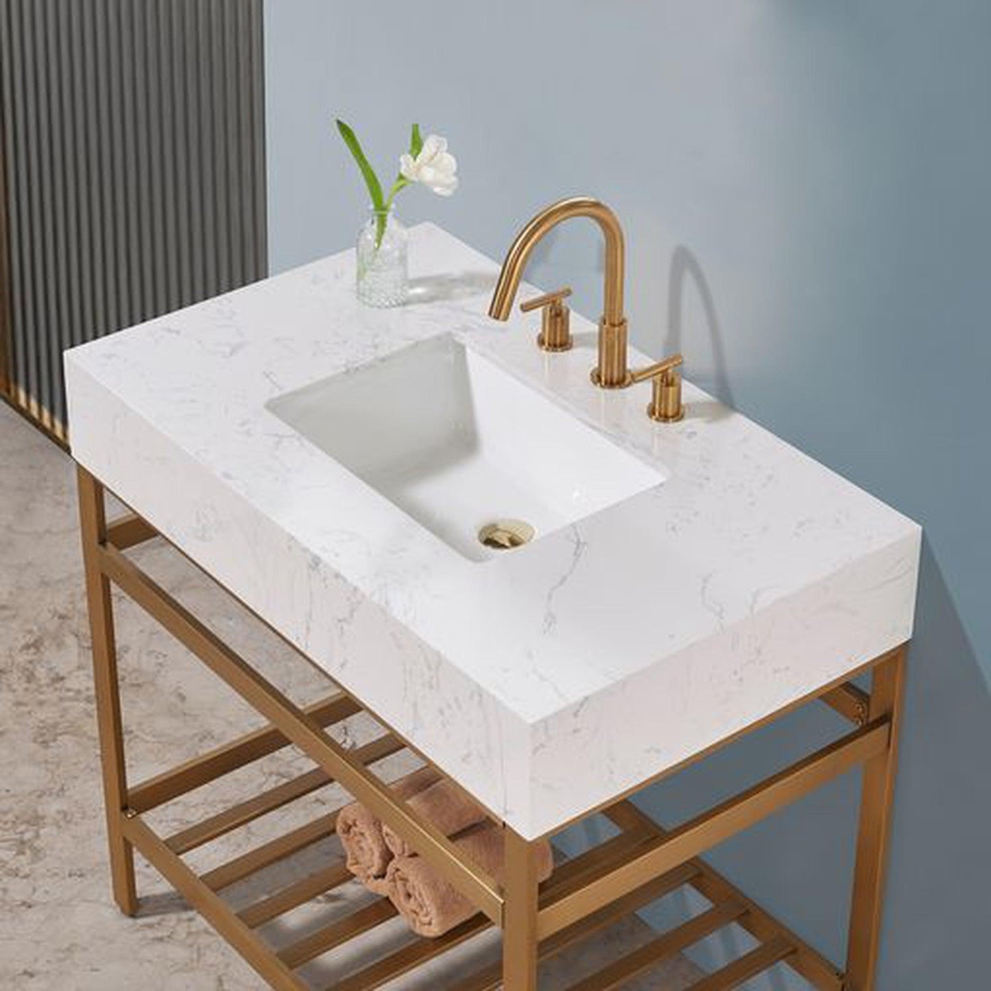 Altair Merano 36" Brushed Gold Single Stainless Steel Bathroom Vanity Set Console With Aosta White Stone Top, Single Rectangular Undermount Ceramic Sink, and Safety Overflow Hole