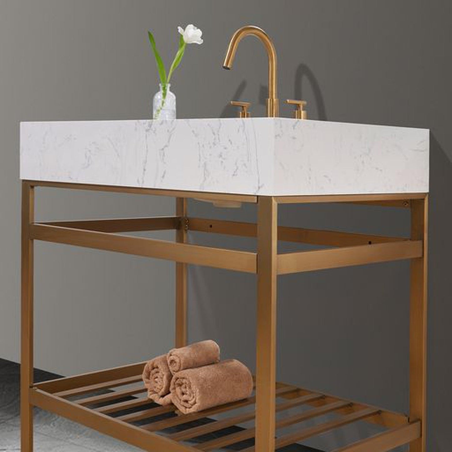 Altair Merano 36" Brushed Gold Single Stainless Steel Bathroom Vanity Set Console With Mirror, Aosta White Stone Top, Single Rectangular Undermount Ceramic Sink, and Safety Overflow Hole