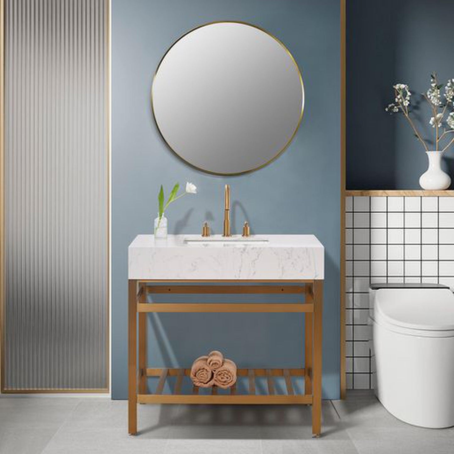 Altair Merano 36" Brushed Gold Single Stainless Steel Bathroom Vanity Set Console With Mirror, Aosta White Stone Top, Single Rectangular Undermount Ceramic Sink, and Safety Overflow Hole