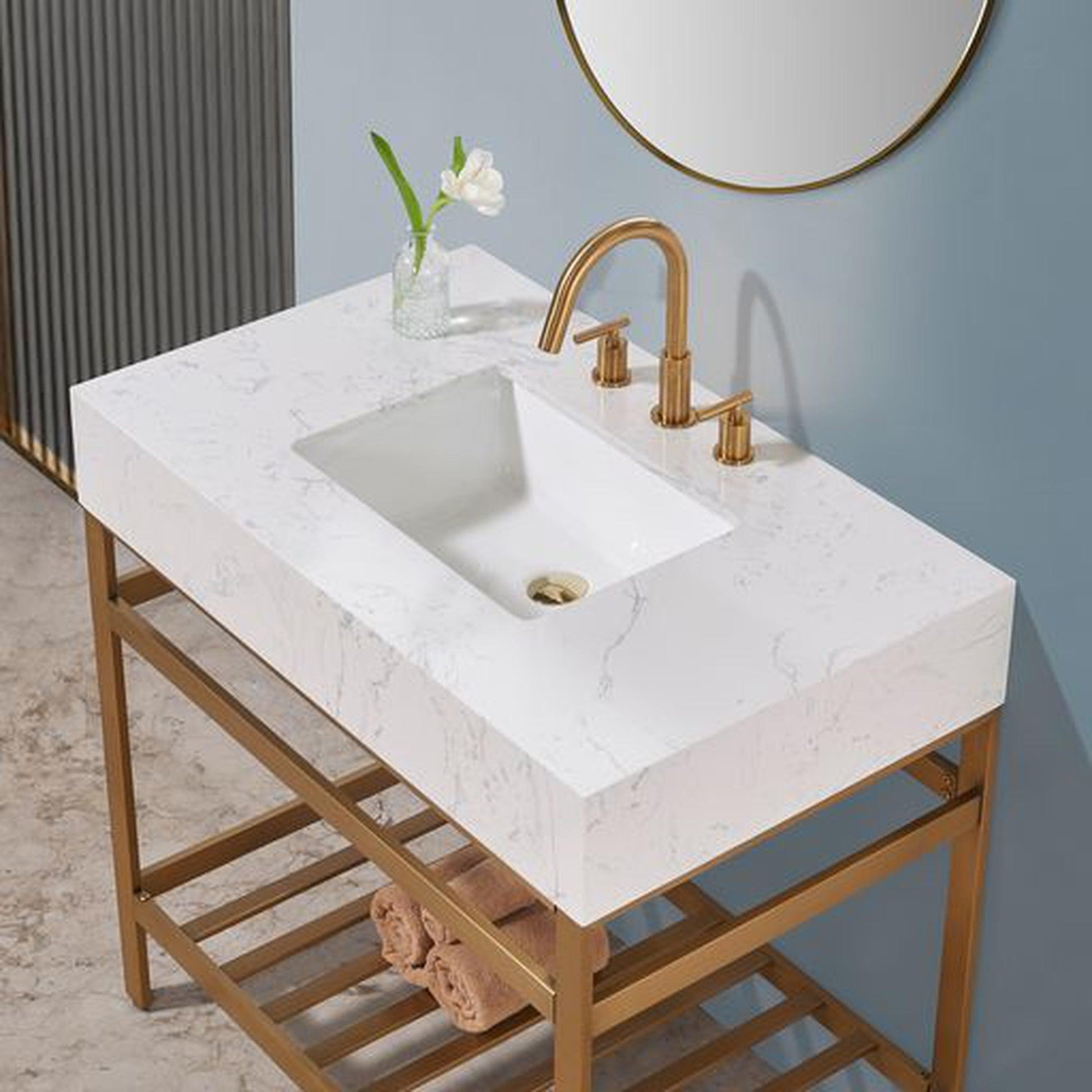 Altair Merano 36" Brushed Gold Single Stainless Steel Bathroom Vanity Set Console With Mirror, Aosta White Stone Top, Single Rectangular Undermount Ceramic Sink, and Safety Overflow Hole