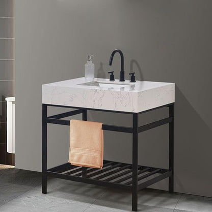 Altair Merano 36" Matte Black Single Stainless Steel Bathroom Vanity Set Console With Aosta White Stone Top, Single Rectangular Undermount Ceramic Sink, and Safety Overflow Hole
