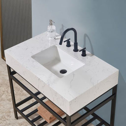 Altair Merano 36" Matte Black Single Stainless Steel Bathroom Vanity Set Console With Aosta White Stone Top, Single Rectangular Undermount Ceramic Sink, and Safety Overflow Hole
