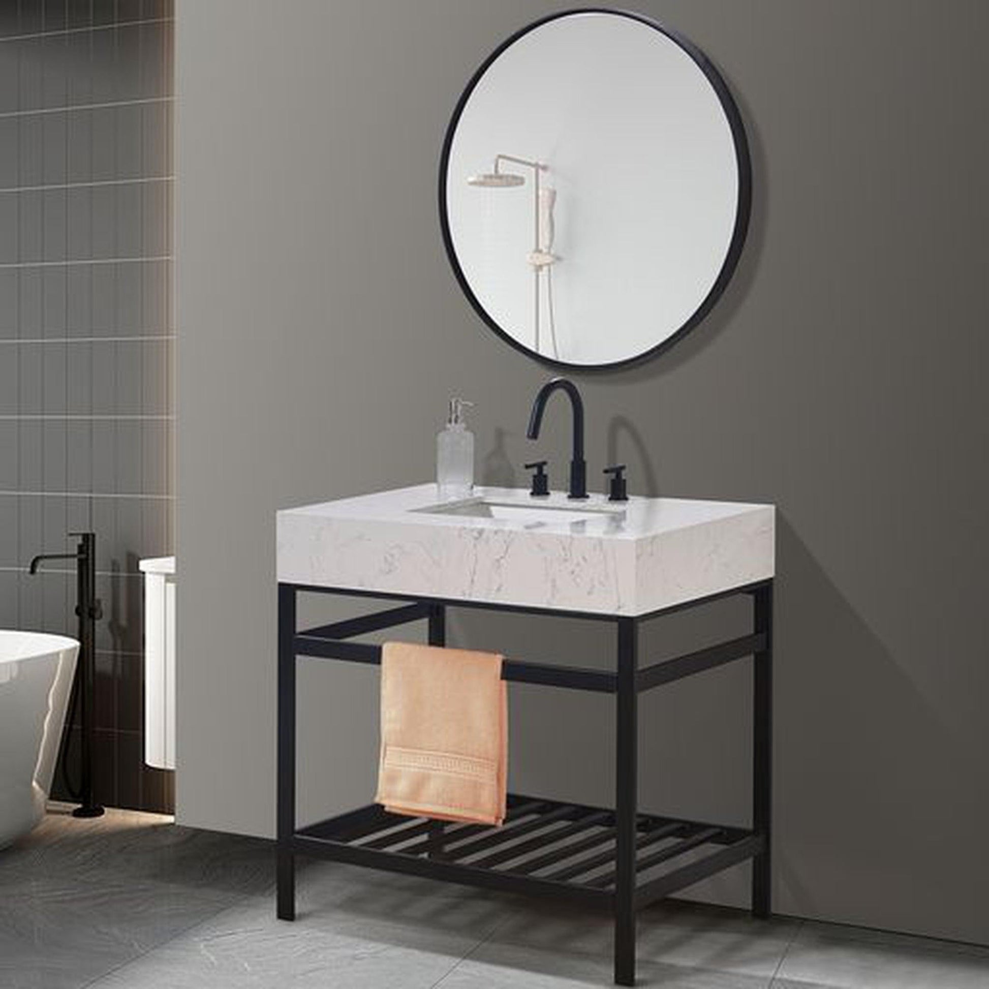 Altair Merano 36" Matte Black Single Stainless Steel Bathroom Vanity Set Console With Mirror, Aosta White Stone Top, Single Rectangular Undermount Ceramic Sink, and Safety Overflow Hole