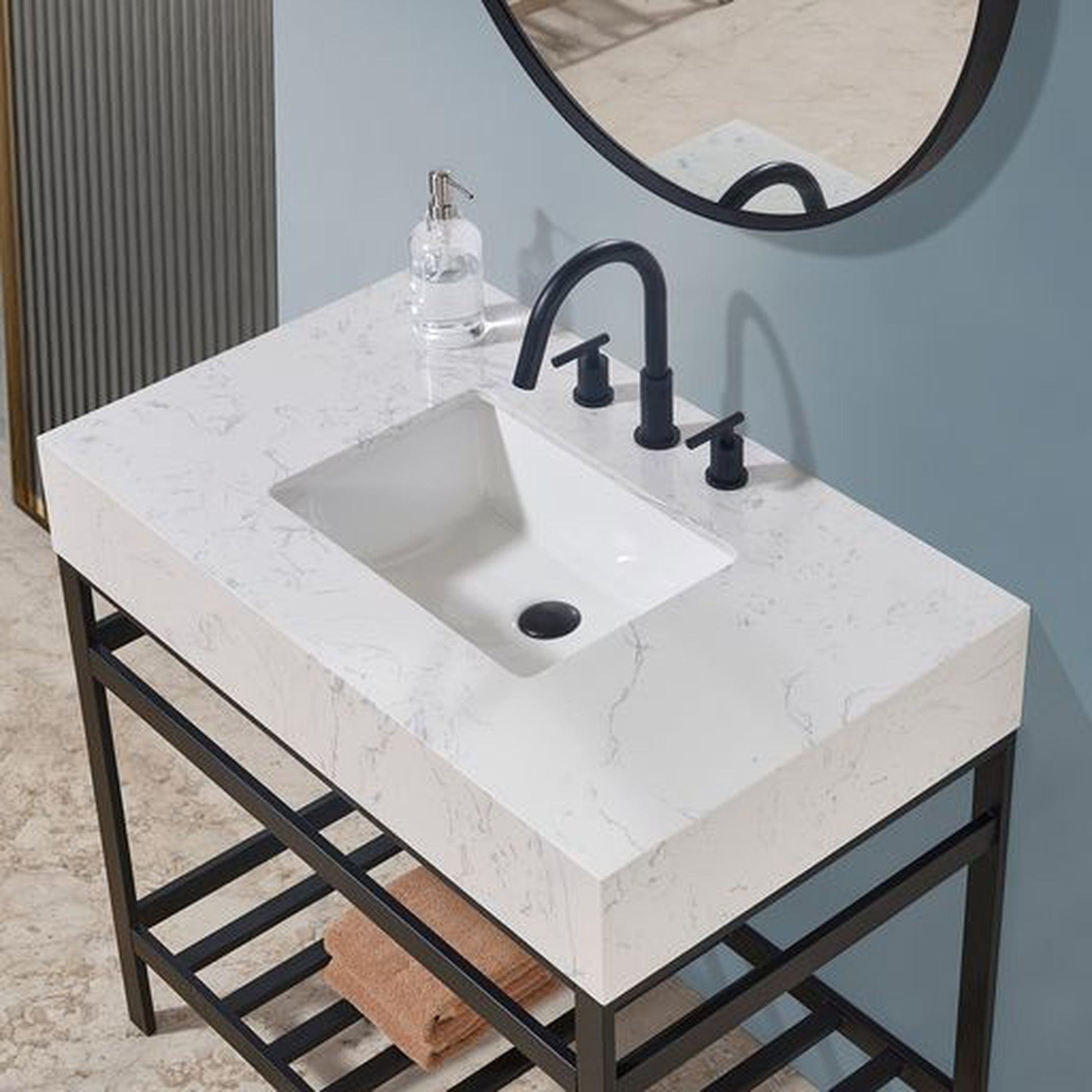 Altair Merano 36" Matte Black Single Stainless Steel Bathroom Vanity Set Console With Mirror, Aosta White Stone Top, Single Rectangular Undermount Ceramic Sink, and Safety Overflow Hole