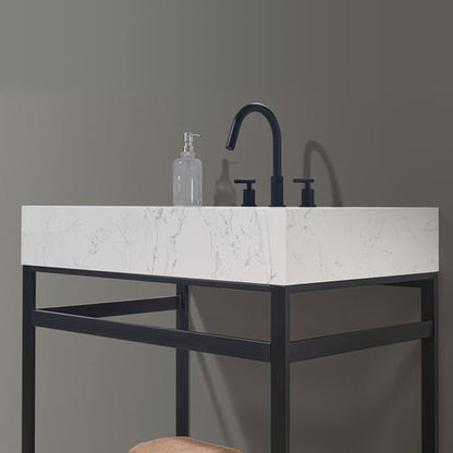 Altair Merano 36" Matte Black Single Stainless Steel Bathroom Vanity Set Console With Mirror, Aosta White Stone Top, Single Rectangular Undermount Ceramic Sink, and Safety Overflow Hole