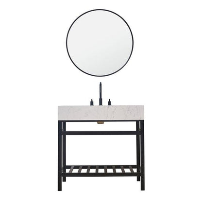 Altair Merano 36" Matte Black Single Stainless Steel Bathroom Vanity Set Console With Mirror, Aosta White Stone Top, Single Rectangular Undermount Ceramic Sink, and Safety Overflow Hole