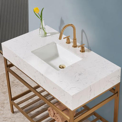 Altair Merano 42" Brushed Gold Single Stainless Steel Bathroom Vanity Set Console With Aosta White Stone Top, Single Rectangular Undermount Ceramic Sink, and Safety Overflow Hole