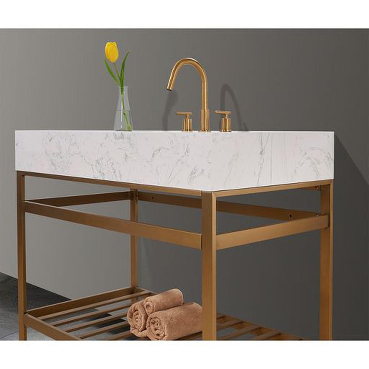 Altair Merano 42" Brushed Gold Single Stainless Steel Bathroom Vanity Set Console With Aosta White Stone Top, Single Rectangular Undermount Ceramic Sink, and Safety Overflow Hole