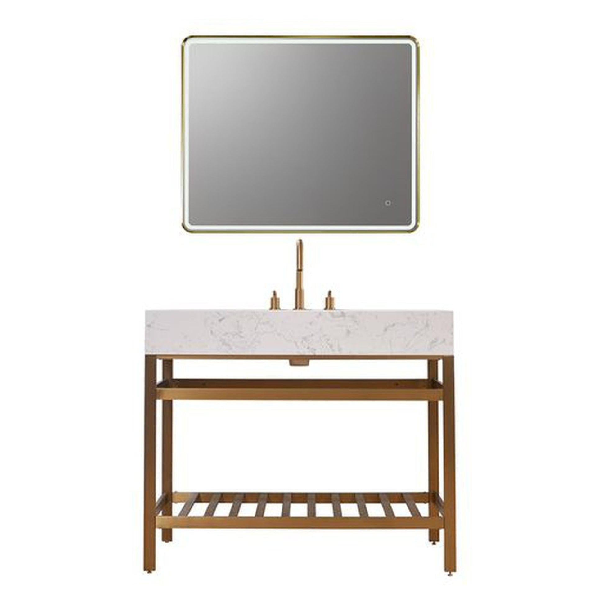 Altair Merano 42" Brushed Gold Single Stainless Steel Bathroom Vanity Set Console With Mirror, Aosta White Stone Top, Single Rectangular Undermount Ceramic Sink, and Safety Overflow Hole
