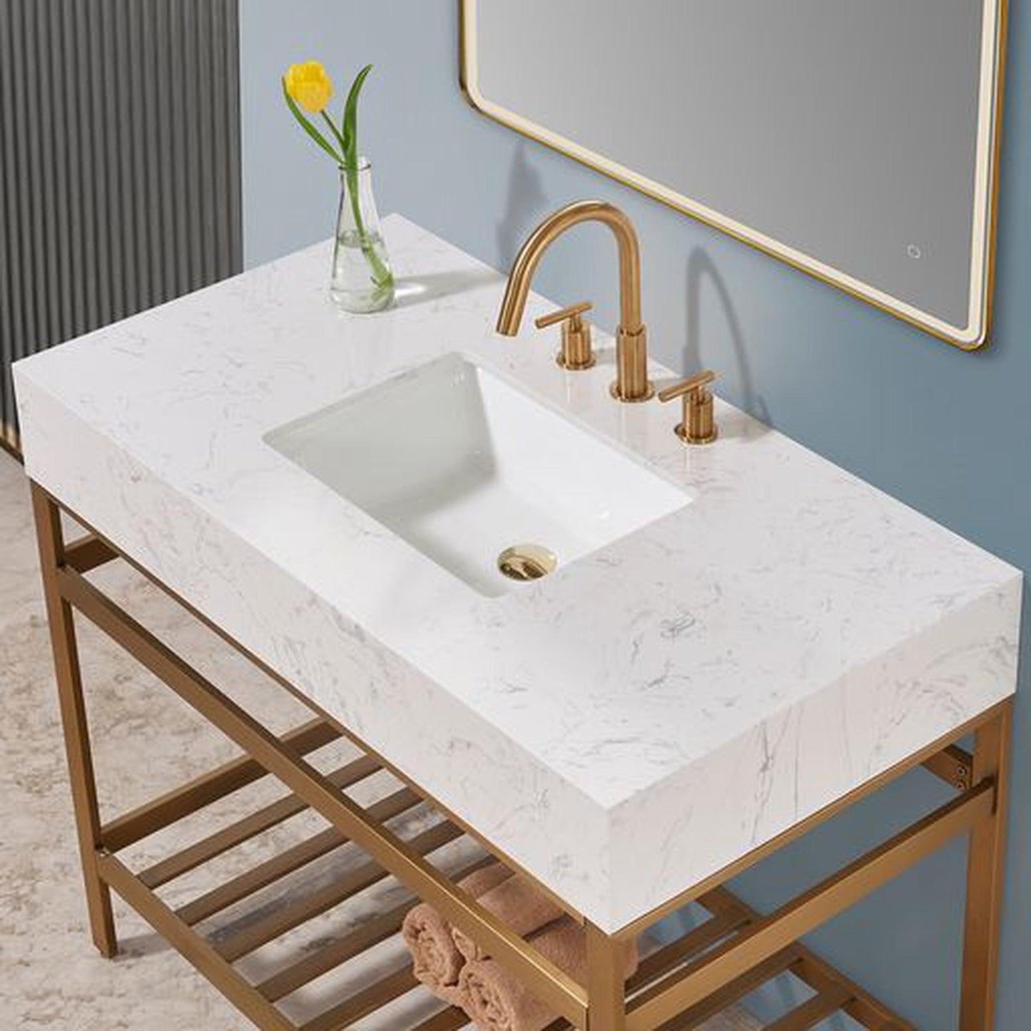 Altair Merano 42" Brushed Gold Single Stainless Steel Bathroom Vanity Set Console With Mirror, Aosta White Stone Top, Single Rectangular Undermount Ceramic Sink, and Safety Overflow Hole