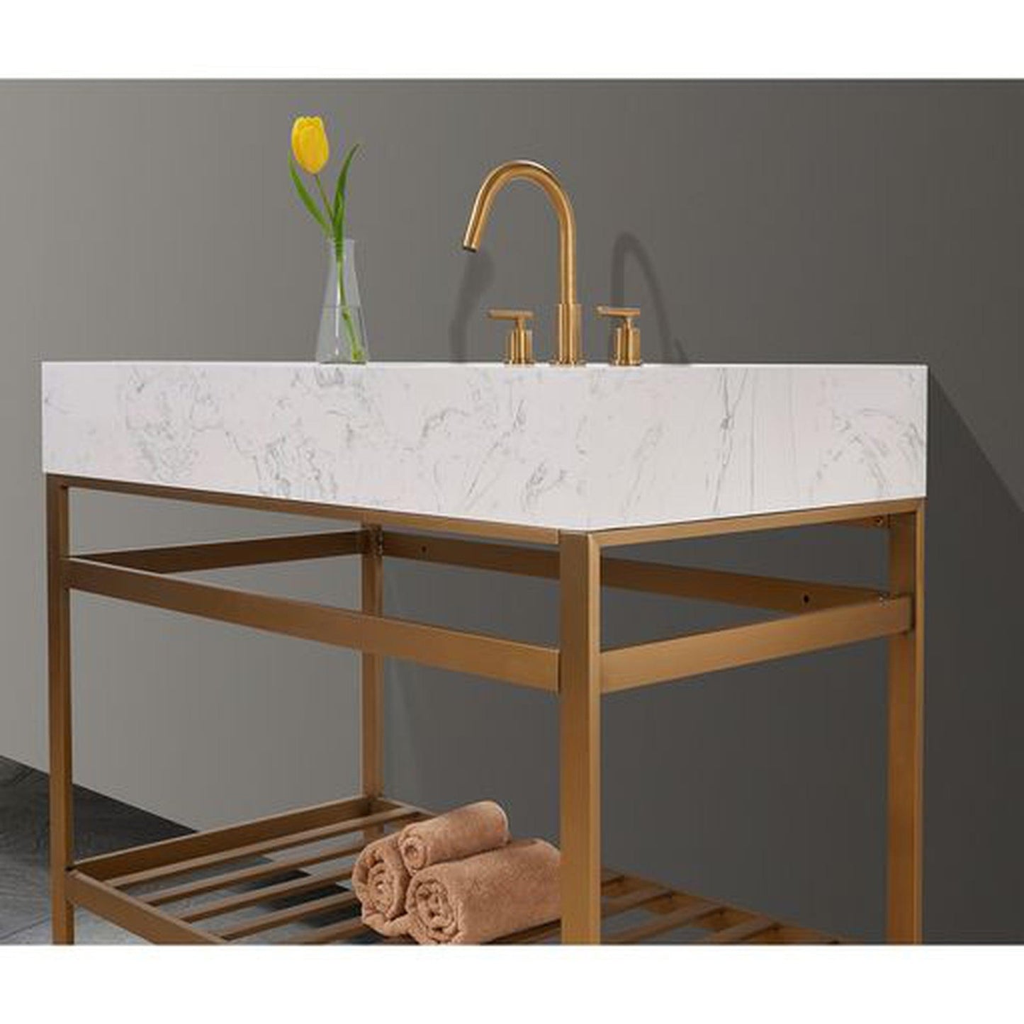 Altair Merano 42" Brushed Gold Single Stainless Steel Bathroom Vanity Set Console With Mirror, Aosta White Stone Top, Single Rectangular Undermount Ceramic Sink, and Safety Overflow Hole