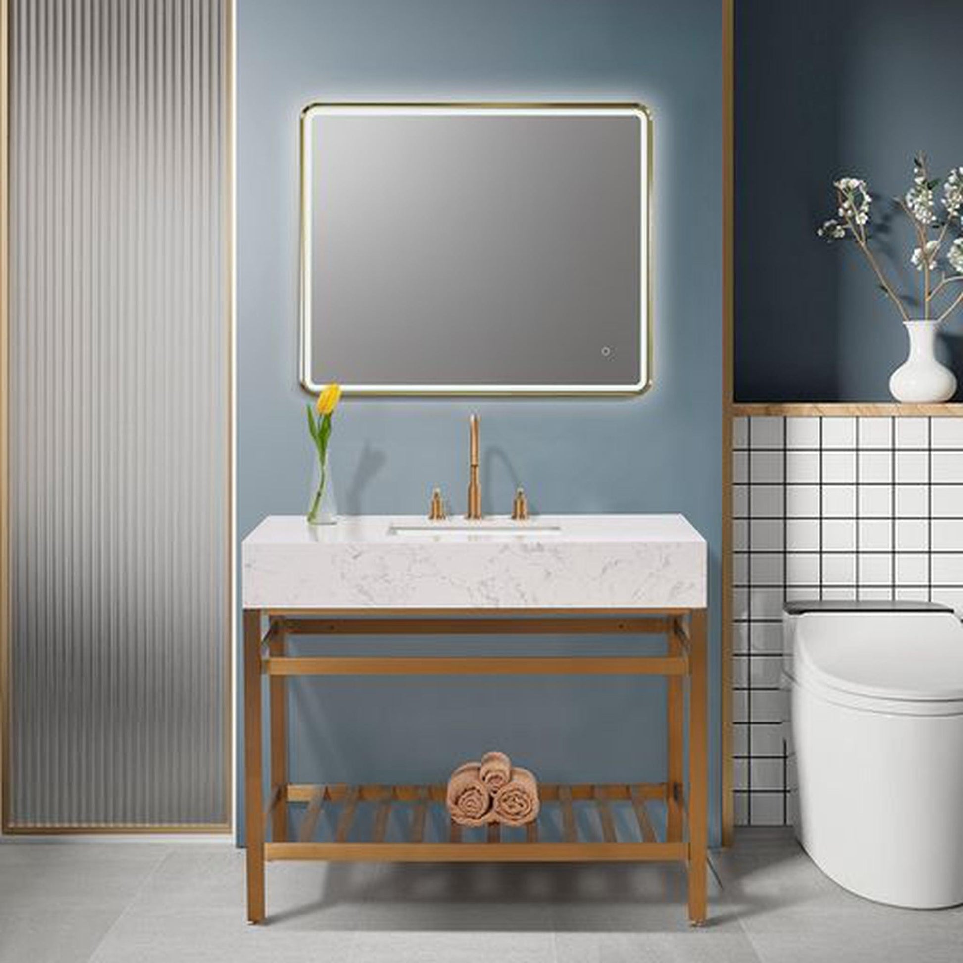 Altair Merano 42" Brushed Gold Single Stainless Steel Bathroom Vanity Set Console With Mirror, Aosta White Stone Top, Single Rectangular Undermount Ceramic Sink, and Safety Overflow Hole